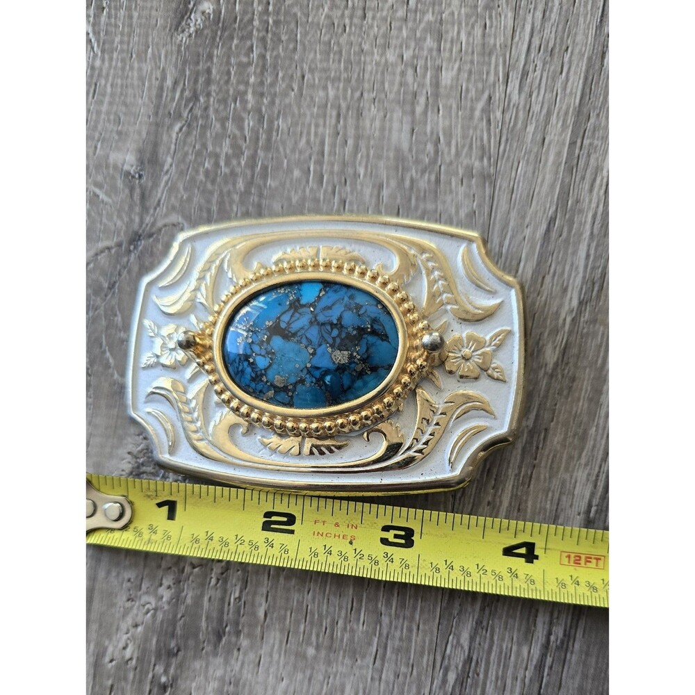 VTG Brass  /White Enamel / Blue Stone / Western USA Belt Buckle & Tooled Belt 46 - Picture 16 of 16
